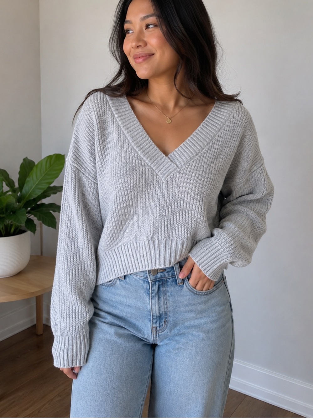 Garage Light Gray V-Neck Ribbed Sweater